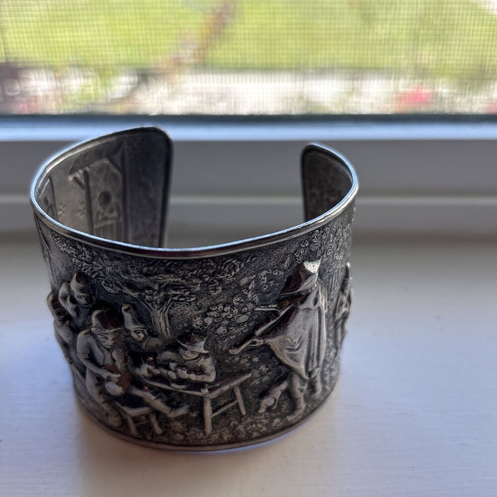 Vintage Silver-Plated Cuff Bracelet Denmark Hans Jensen Tavern Scene